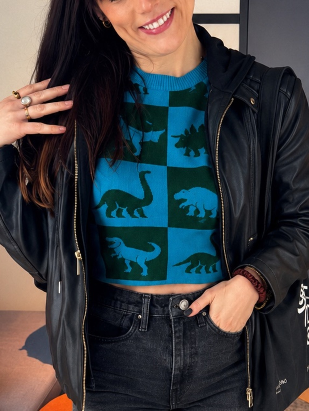 Dressed in LALA “Dino Drama” Short Sleeve Turquoise & Black Cropped Sweater S/M
